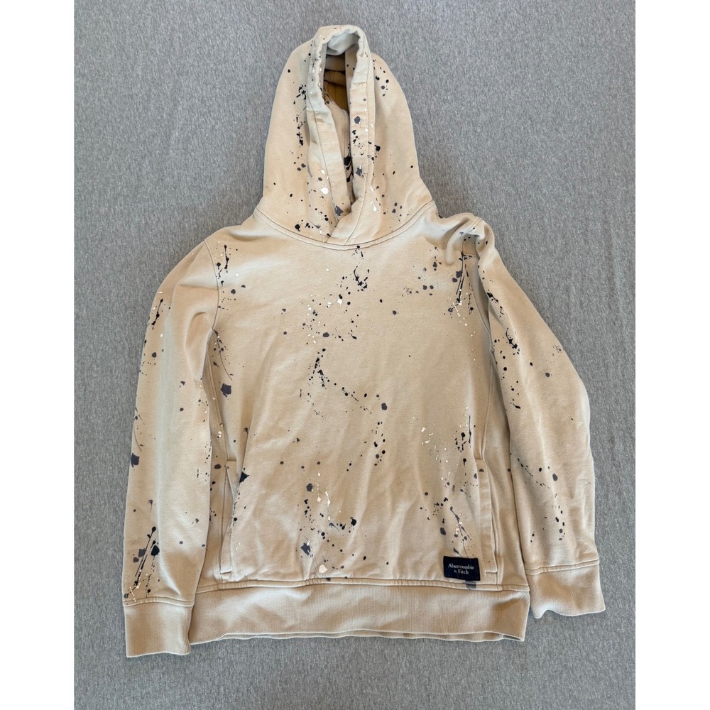 Abercrombie & Fitch Mens Paint Splatter Pullover Hoodie Tan Beige Small